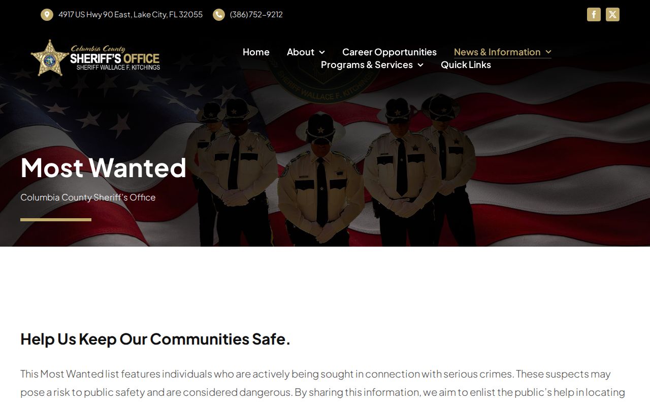 Columbia County Most Wanted official sheriff page