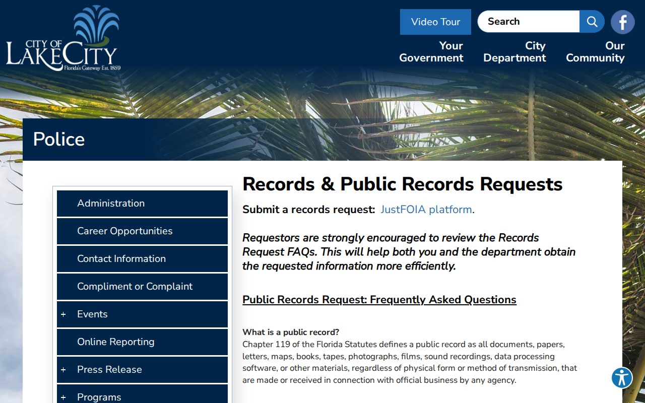 Lake City Police arrest records request page in Columbia County
